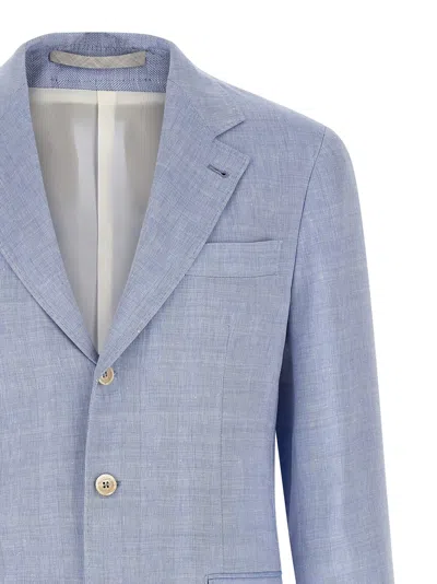 Brunello Cucinelli Linen And Wool Chevron Blazer Light Blue In Blue
