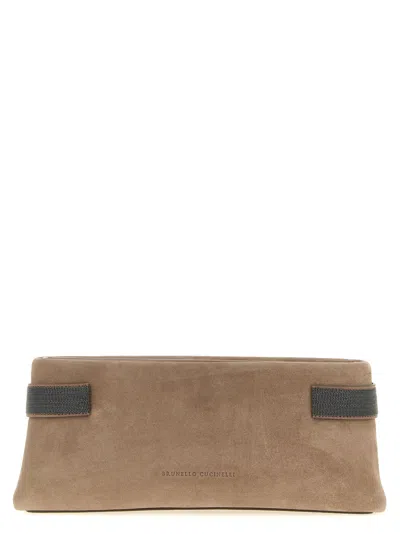 Brunello Cucinelli Essence Rectangular Suede Pouch Top Handle In Neutral
