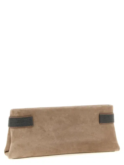 Brunello Cucinelli Essence Rectangular Suede Pouch Top Handle In Neutral