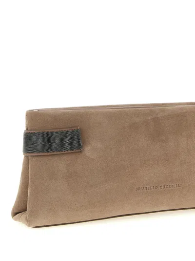 Brunello Cucinelli Essence Rectangular Suede Pouch Top Handle In Neutral