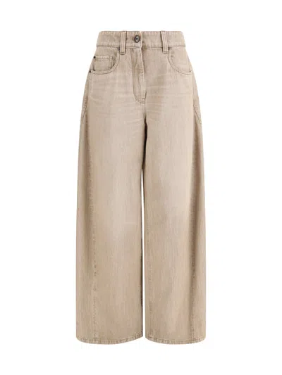 Brunello Cucinelli Women Beige Authentic Denim Wide Jeans With Monili In Neutral