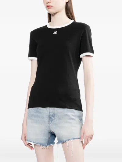 Courrèges Courreges Women Cotton T Shirt With Contrasting Profiles In Black