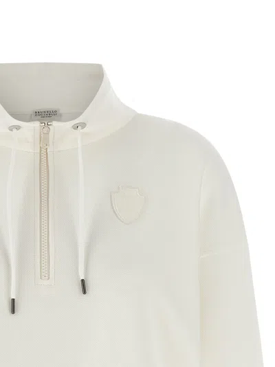 Brunello Cucinelli Cotton High Neck Sweater Drawstring Collar In White