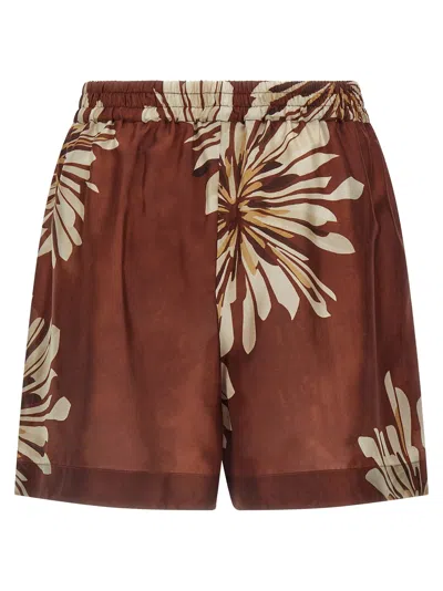 Brunello Cucinelli Women Silk Twill Shorts With Floral Print And Elasticated Waistband In Brown