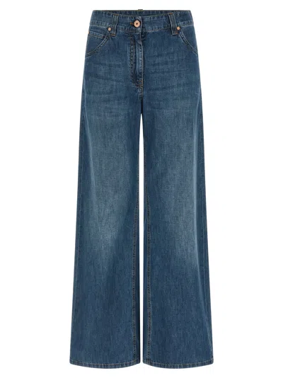 Brunello Cucinelli Women Blue Jeans With Five-pocket Design And Patch Logo On The Back In Denim Woma In Blue
