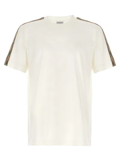 Burberry White Crewneck T-shirt With Check Motif On The Sleeve And Ekd Logo Embroidery On The Front In Cotton