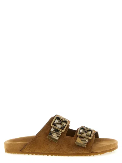 Burberry Check Pattern Flat Sandals Dual Straps In Brown