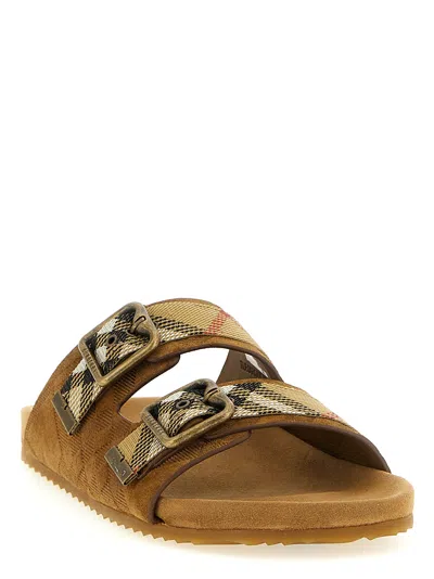 Burberry Check Pattern Flat Sandals Dual Straps In Brown