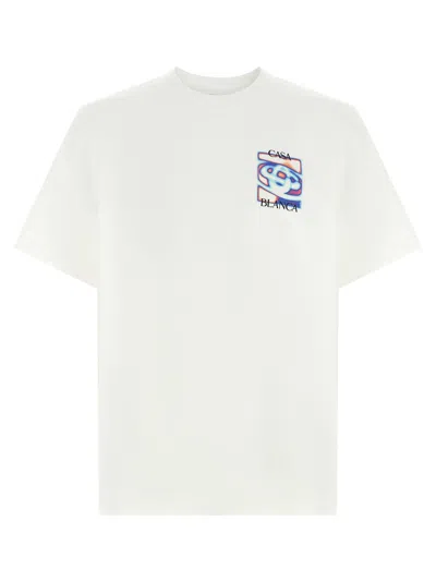 Casablanca Men White Crewneck T-shirt With Logo Detail On The Front And Maxi Logo On The Rear In Cot