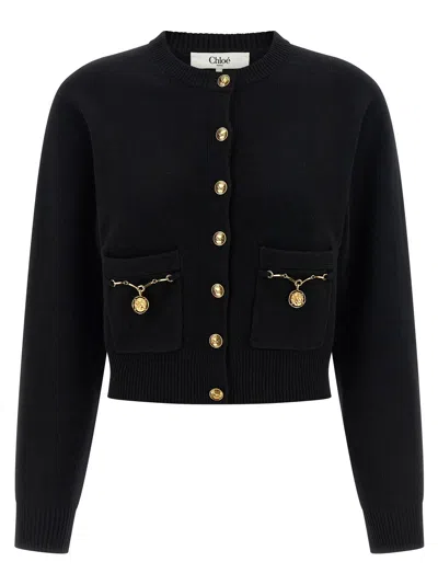 Chloé Chloe Embellished-pocket Wool And Cashmere-blend Cardigan In Black
