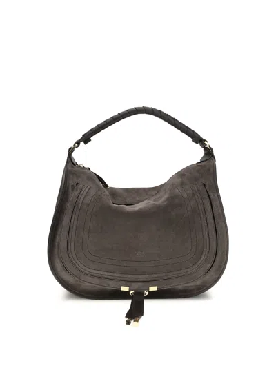 Chloé Marcie Medium Black Shoulder Bag With Logo Lettering On The Front In Suede Woman In Brown