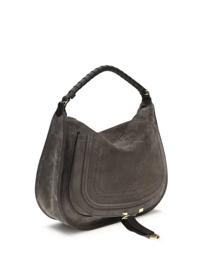 Chloé Marcie Medium Black Shoulder Bag With Logo Lettering On The Front In Suede Woman In Brown