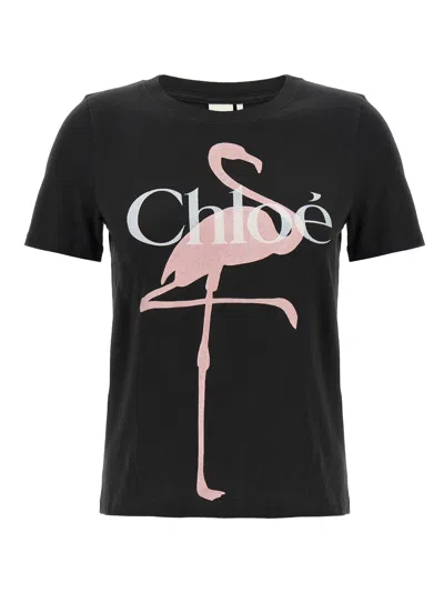 Chloé Women Black Crewneck T-shirt With Maxi Logo Print On The Front In Cotton Woman