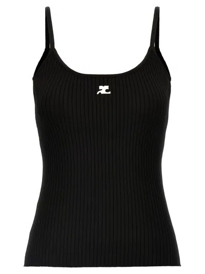 Courrèges Ribbed Spaghetti Strap Top With Elegant Logo Detail And Luxurious Fabric Blend In Black