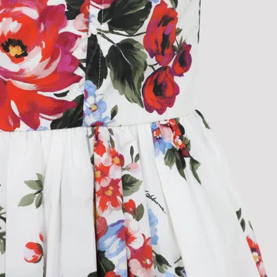 Dolce & Gabbana White Cotton Midi Dress With Floral Print Dolce E Gabbana In Multi