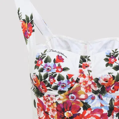 Dolce & Gabbana White Cotton Midi Dress With Floral Print Dolce E Gabbana In Multi