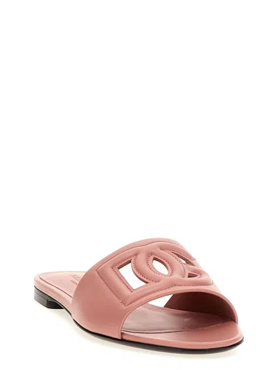 Dolce & Gabbana Women Pink Slide Sandals With Cut Out Logo In Leather Woman