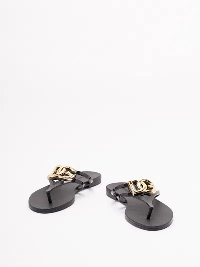 Dolce & Gabbana Black Thong Sandals With Logo Plaque On The Front In Rubber Woman