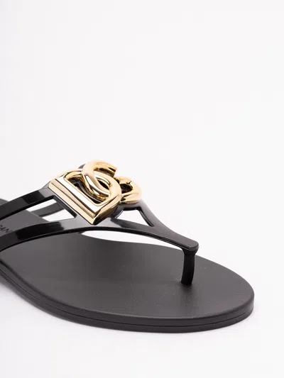 Dolce & Gabbana Black Thong Sandals With Logo Plaque On The Front In Rubber Woman