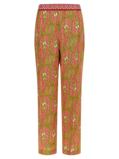 Etro Paisley Foliage Trousers Contrasting Waistband Straight Leg In Multi