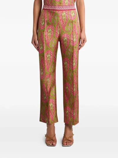 Etro Paisley Foliage Trousers Contrasting Waistband Straight Leg In Multi