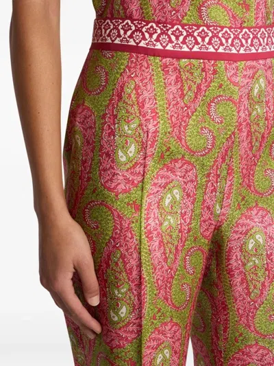 Etro Paisley Foliage Trousers Contrasting Waistband Straight Leg In Multi
