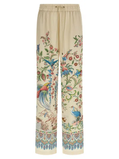 Etro Women White Pants With Elastic Drawstring Waist And All-over Floral Print In Tech Fabric Woman In Multi