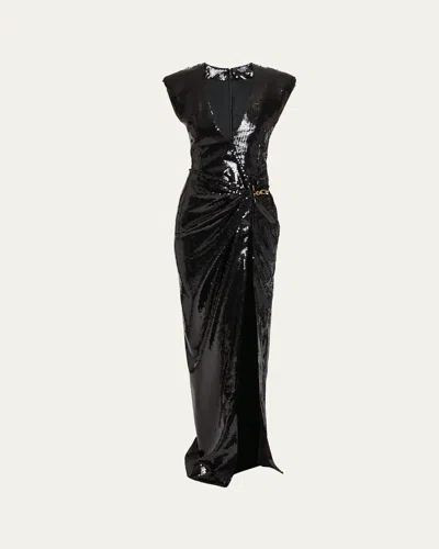 Balmain Long Draped Sequin Dress With Embellished Detail In Black