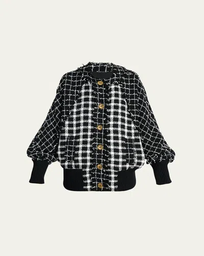 Balmain Oversized Bomber Jacket In Mixed Tweed In Black