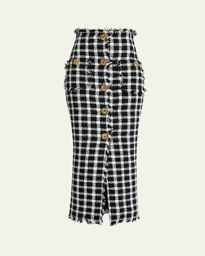 Balmain Button-front Check Tweed Maxi Skirt In Black