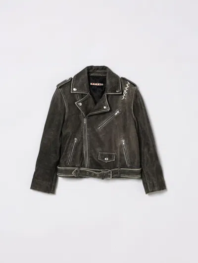 Marni Vintage Effect Leather Biker Jacket Kids In Green
