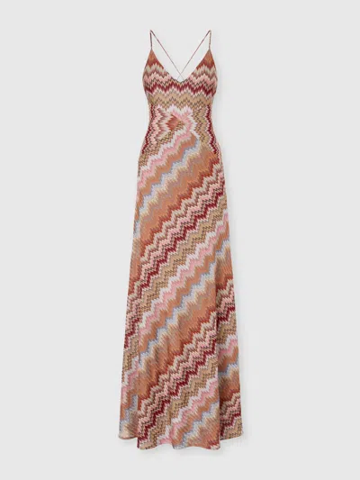 Missoni Multicolor Long Dress With Crossed Shoulder Straps And All-over Zigzag Motif In Viscose Woman In Brown
