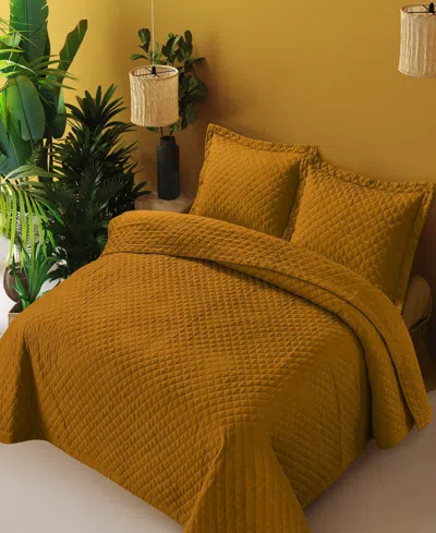 Tribeca Living Brisbane Microfiber Solid Oversized Quilt Set, Queen In Orange