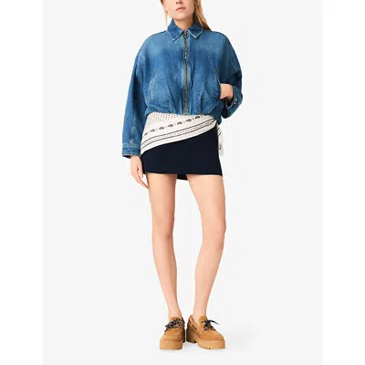 Maje Womens Blue Collared Elasticated-hem Denim Bomber Jacket In Blue
