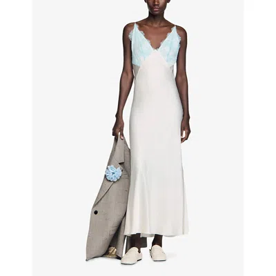 Sandro Womens Ecru V-neck Lace-trim Satin Maxi Dress In Nude