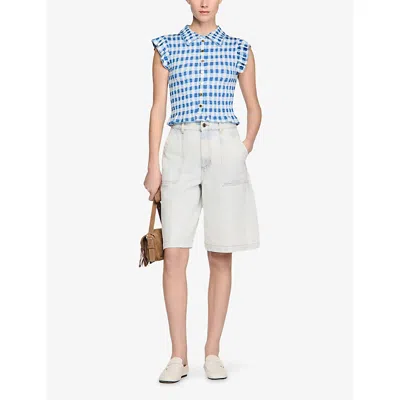 Sandro Check Smocked T-shirt In Blue