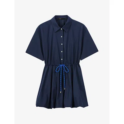 Maje Womens Navy Bubble-hem Short-sleeve Cotton Mini Dress In Blue