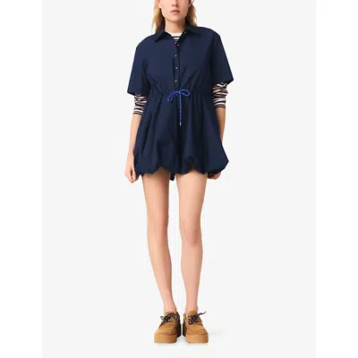 Maje Womens Navy Bubble-hem Short-sleeve Cotton Mini Dress In Blue