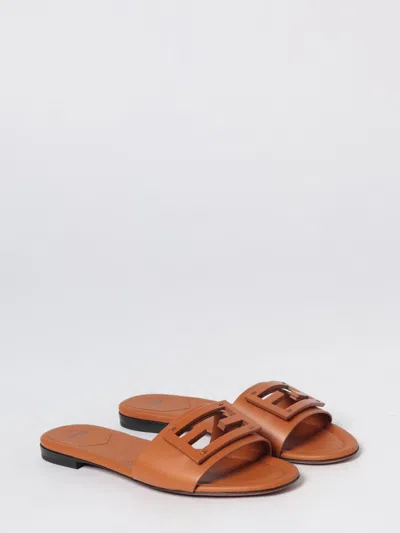 Fendi Baguette Leather Slides With Macro Selleria Topstitches In Brown