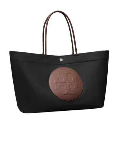 Tory Burch Ella Twisted Black Tote Bag With Logo On The Front In Ecoleather Woman In Black