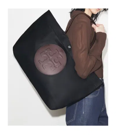 Tory Burch Ella Twisted Black Tote Bag With Logo On The Front In Ecoleather Woman In Black