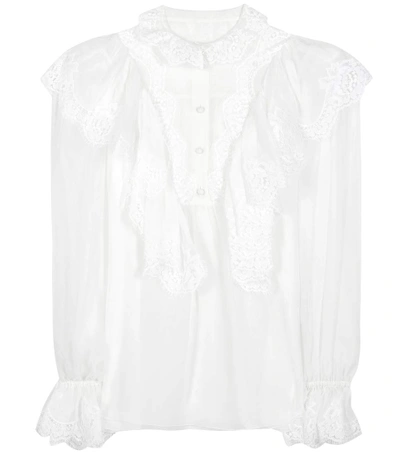 Dolce & Gabbana Ruffled Silk Chiffon & Lace Shirt, White In White