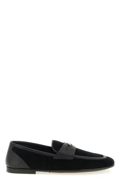Dolce & Gabbana Ariosto Black Loafers With Metallic Dg Logo Plate On The Front In Leather And Suede Man In Black