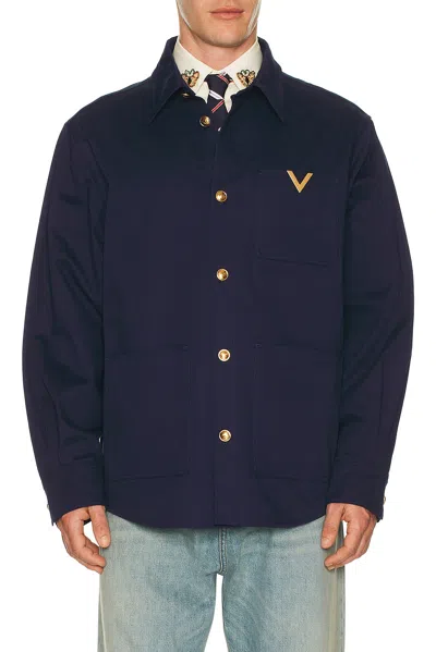 Valentino Cotton Gabardine Shirt Jacket With Vgold In Blue