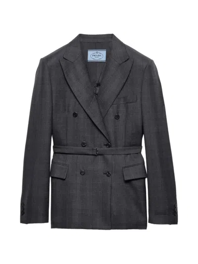 Prada Double-breasted Checked Wool Jacket In Gray