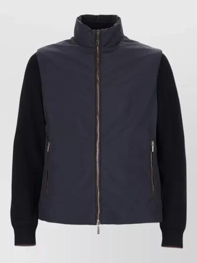 Moorer Navy Blue Solid Mock Collar Jacket In Blue