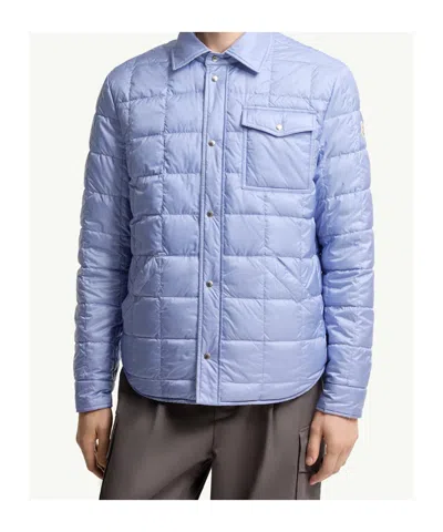 Moncler Cotton Blend Reversible Crescent Down Shirt In Blue