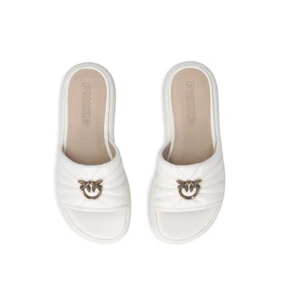 Pinko Fiona White Slides With Chunky Design And Love Birds Logo Plaque In Leather Woman