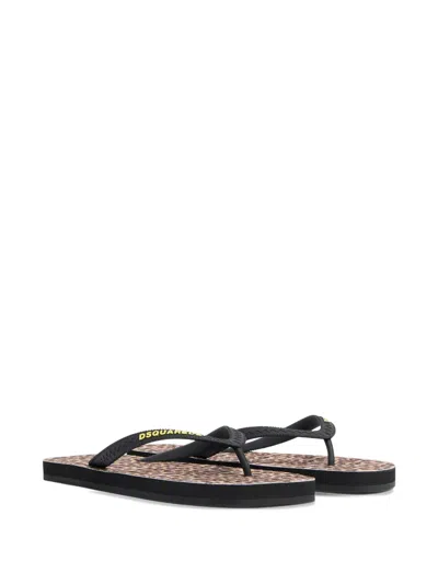 Dsquared2 Leopard Print Flip Flops In Black