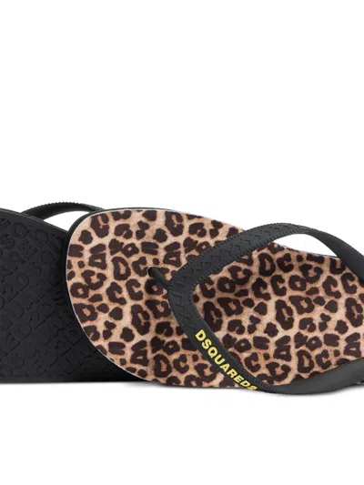 Dsquared2 Leopard Print Flip Flops In Black